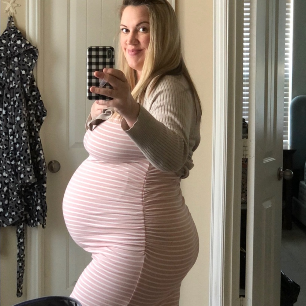 Pink Blush Stripe Ruched Bodycon Maternity Dress